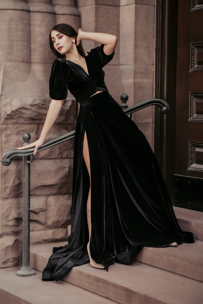 Elegant Black Velvet Mermaid Evening Gowns See Thru Mesh Appliques Lac –  mermelo